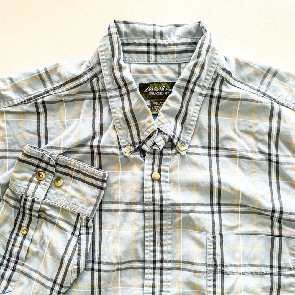 Eddie Bauer Relaxed Fit Tall XL Blue Plaid Longsleeve Button Down 100 Cotton EUC